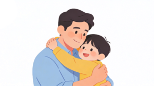 お父さんとこどもがハグをしている、白背景のフラットデザインイラスト。父の日や誕生日に最適です。