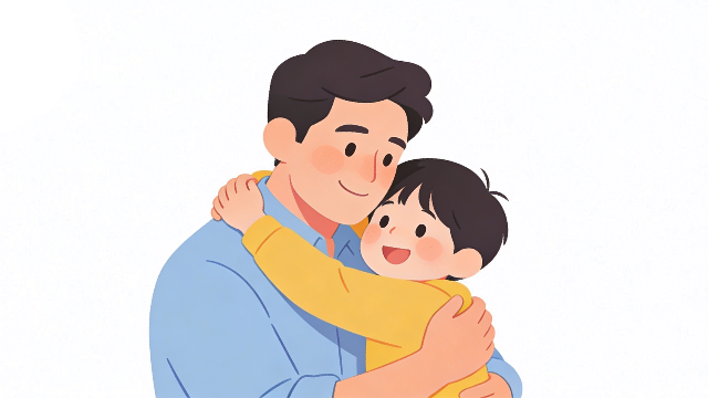 お父さんとこどもがハグをしている、白背景のフラットデザインイラスト。父の日や誕生日に最適です。