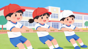 運動会で綱引きをしているこどもたちのイラスト。